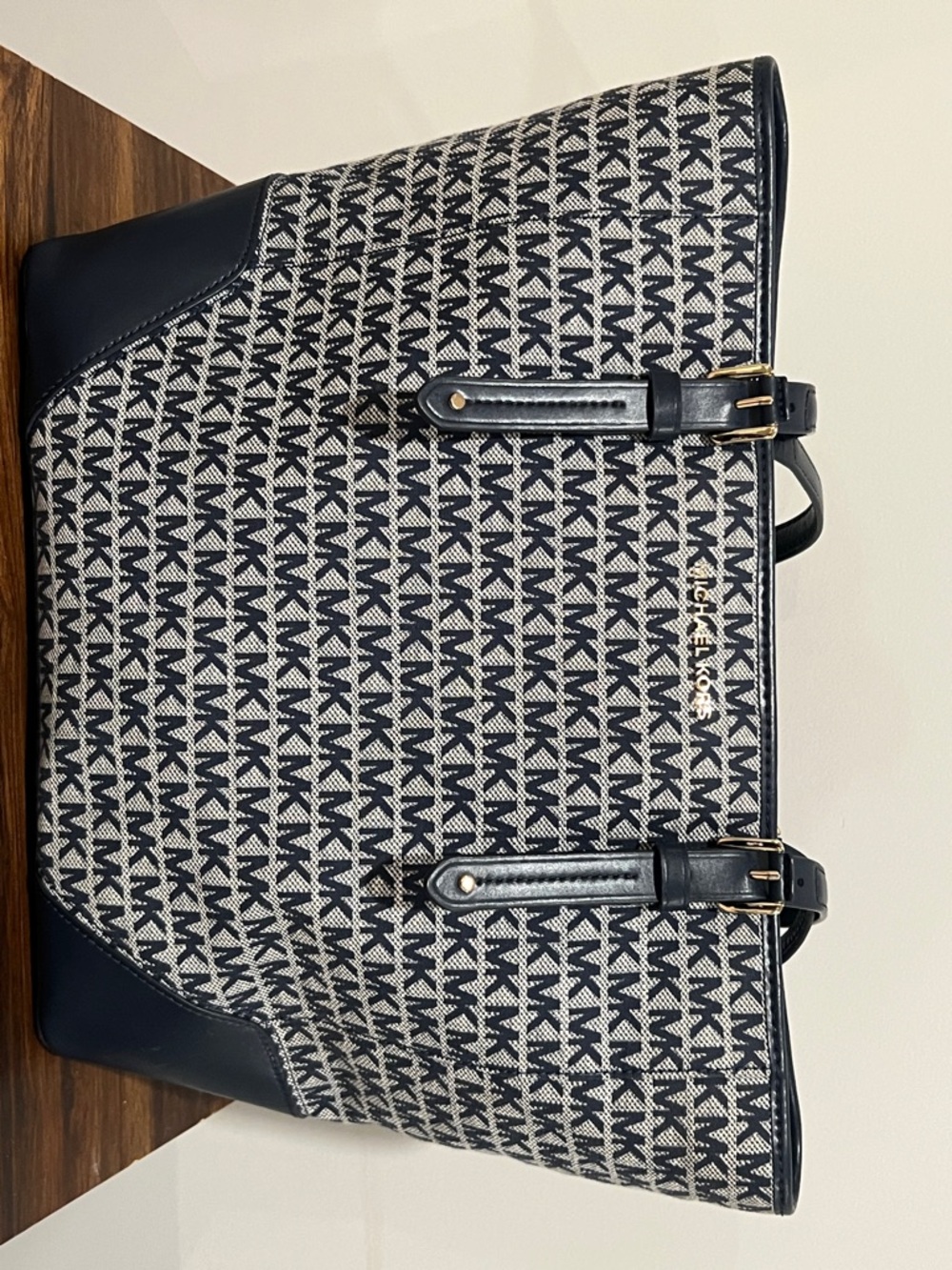Michael Kors Aria LG Tote Bag Navy Signature MK Monogram Large Shoulder Bag - Picture 4 of 12
